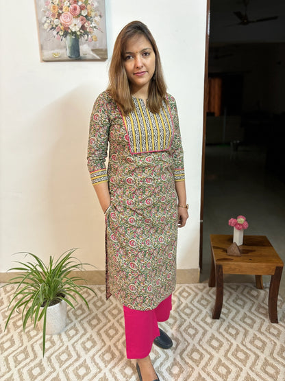 Green and Pink Floral Cotton Yoke Kurta