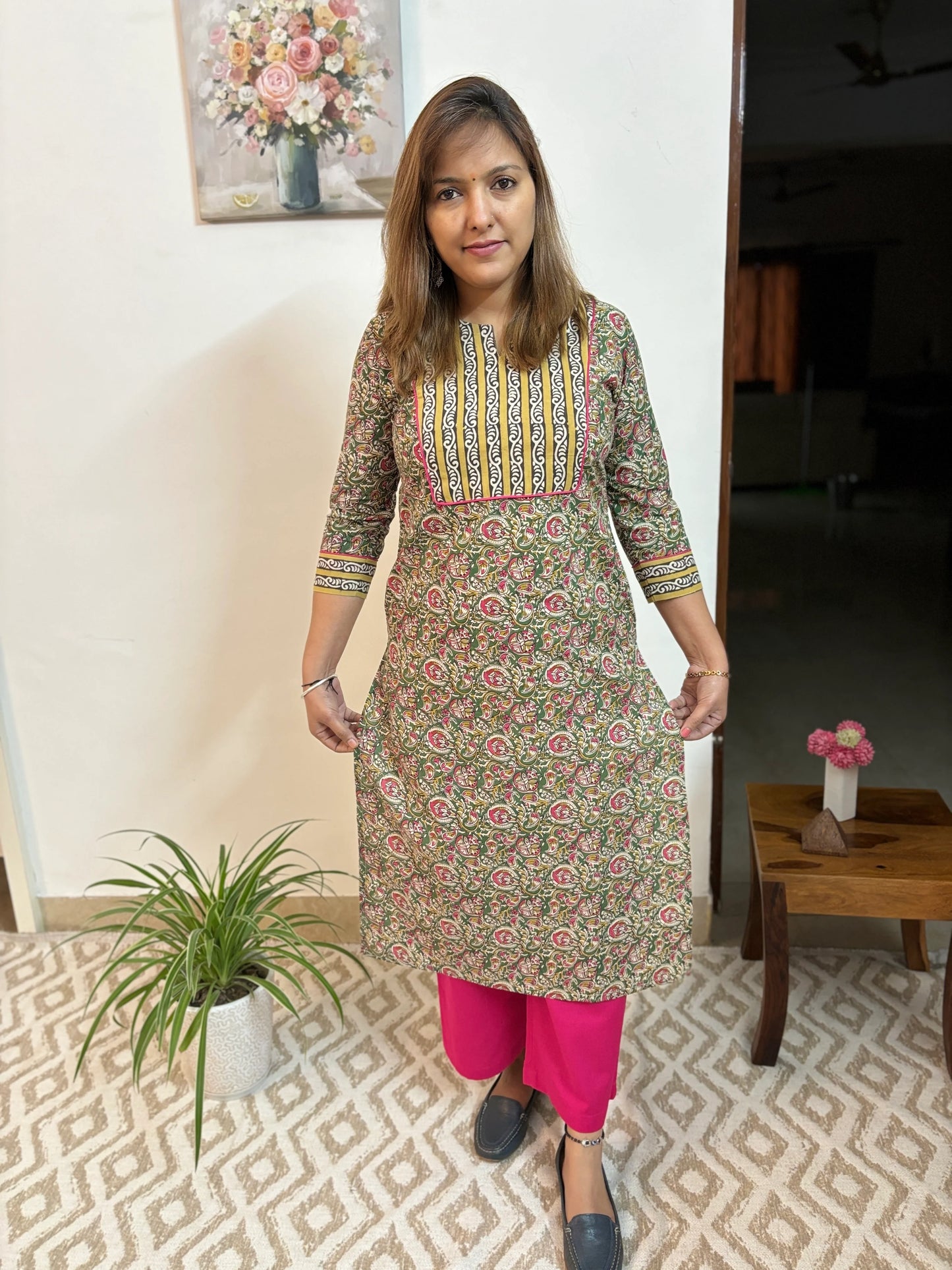 Green and Pink Floral Cotton Yoke Kurta