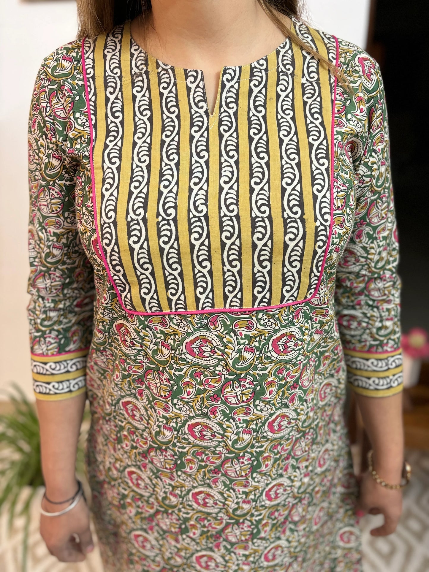 Green and Pink Floral Cotton Yoke Kurta