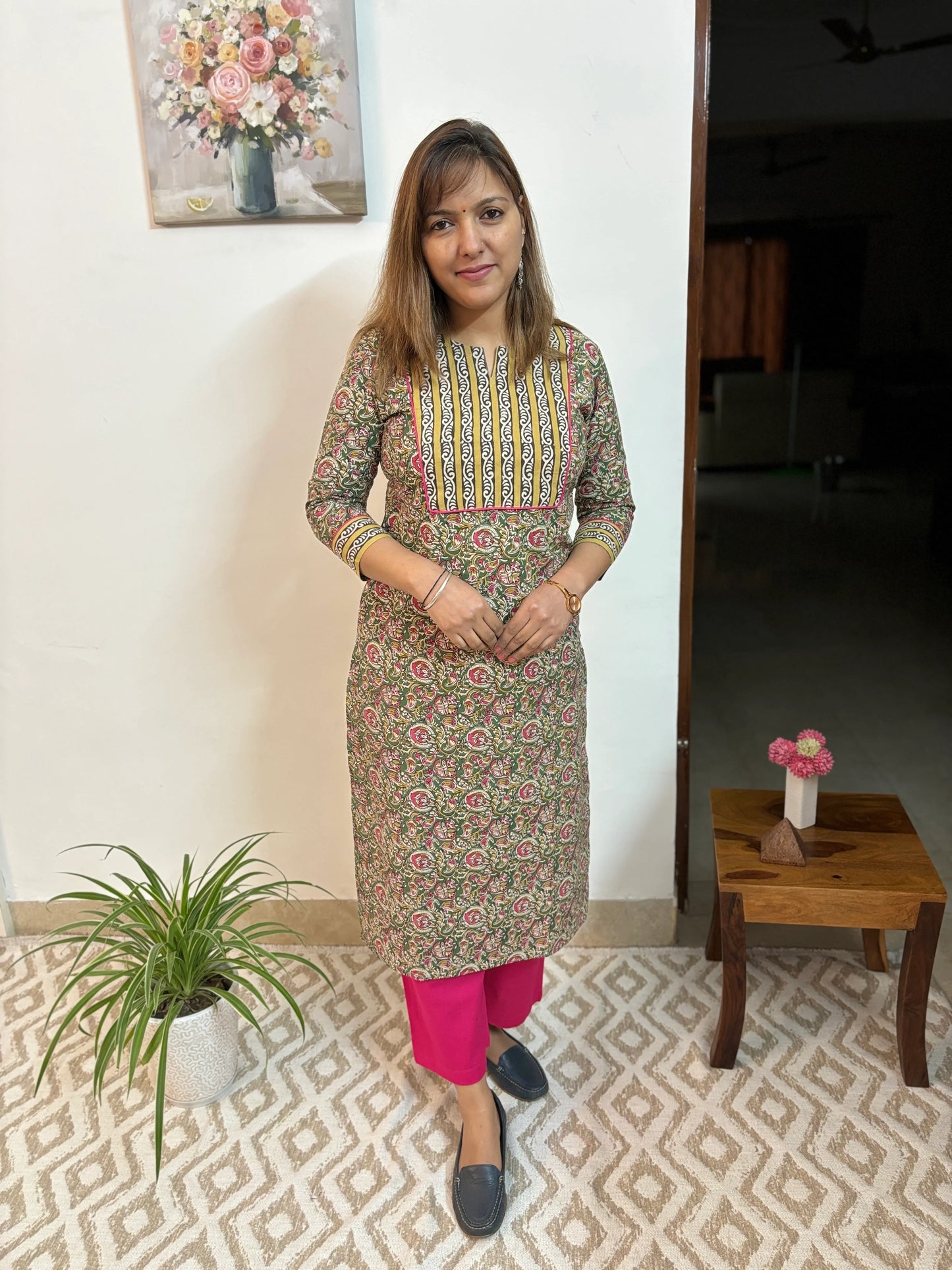 Green and Pink Floral Cotton Yoke Kurta