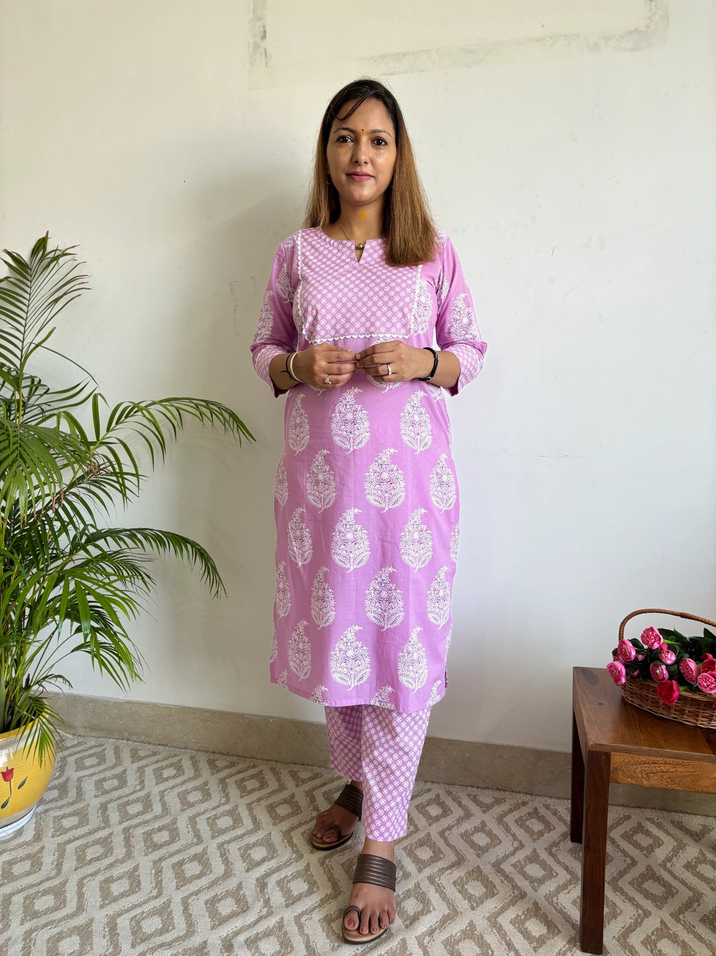 Purple Big Floral Yoke Kurta and Pant Set