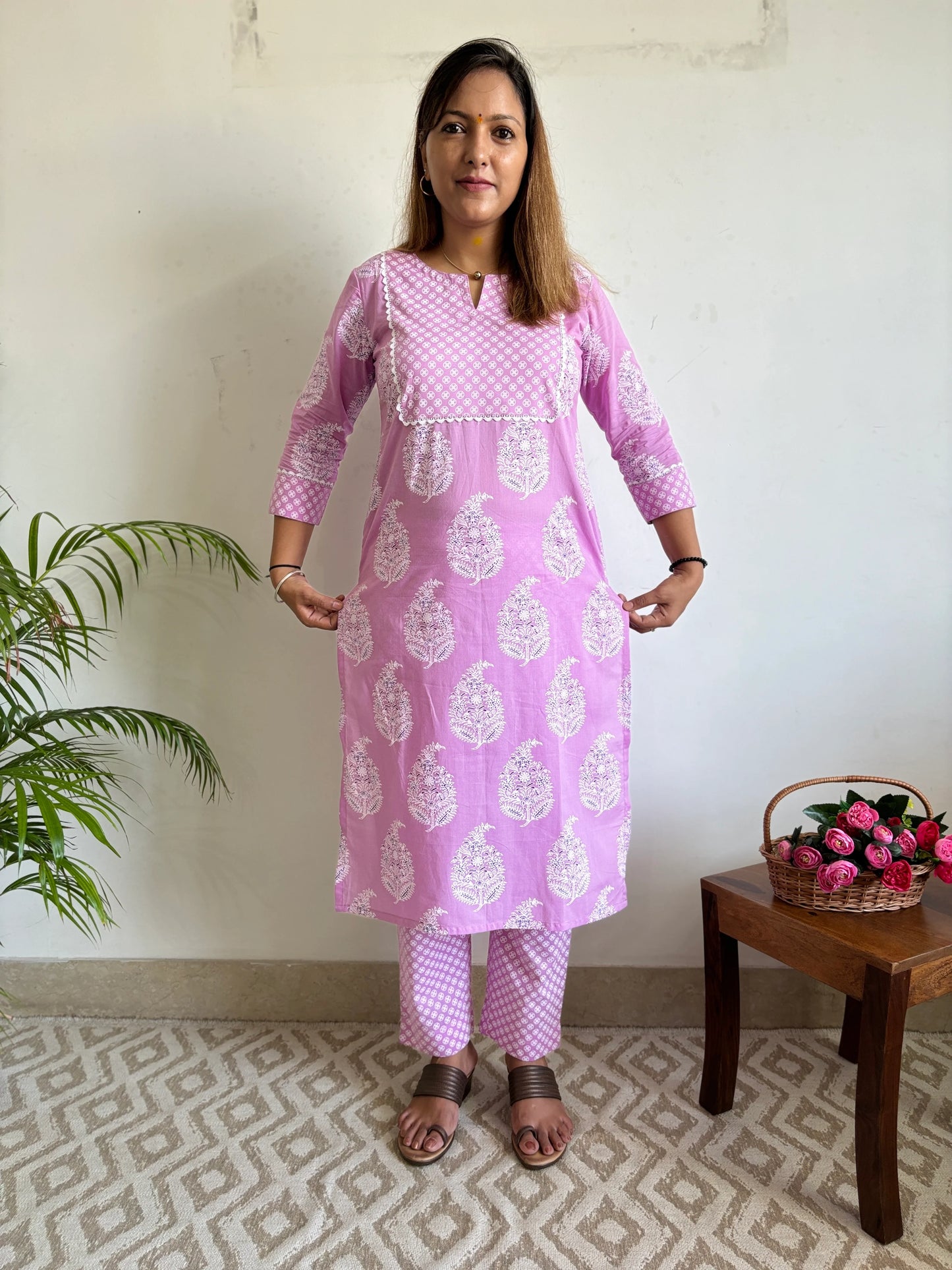 Purple Big Floral Yoke Kurta and Pant Set