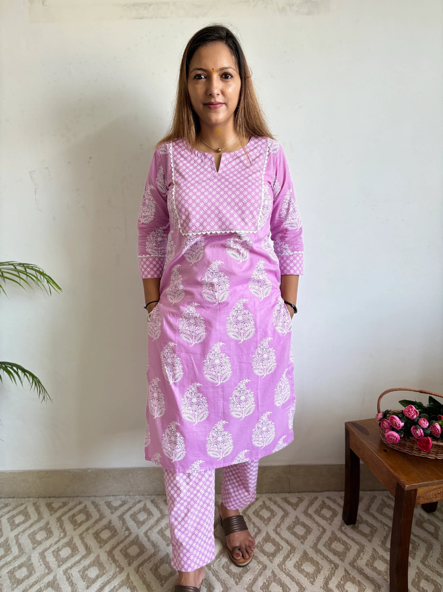 Purple Big Floral Yoke Kurta and Pant Set