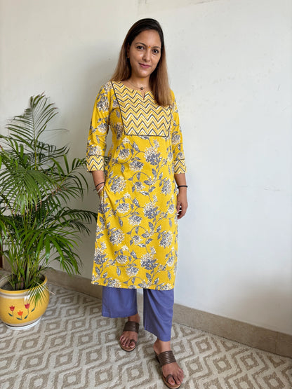 Yellow and Grey Floral Zigzag Yoke Kurta