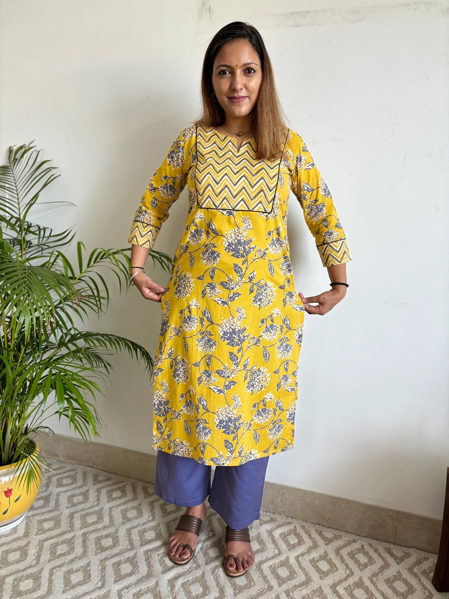 Yellow and Grey Floral Zigzag Yoke Kurta