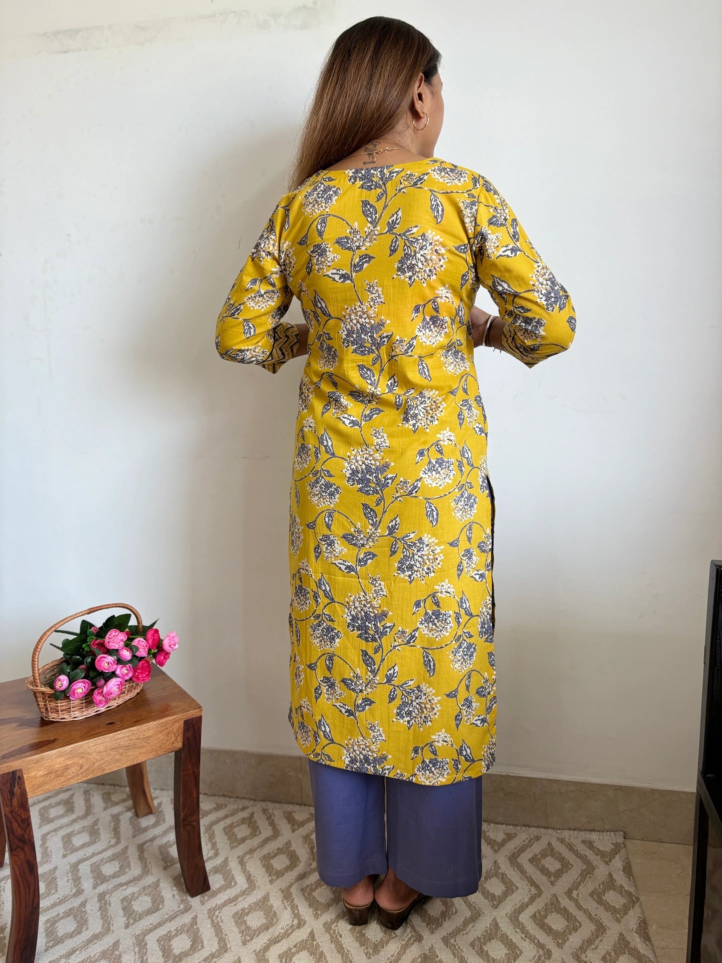 Yellow and Grey Floral Zigzag Yoke Kurta