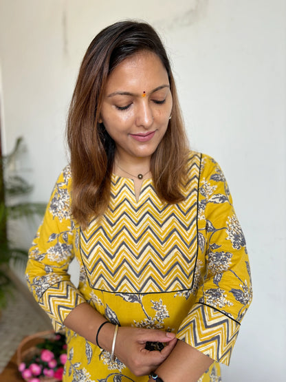 Yellow and Grey Floral Zigzag Yoke Kurta