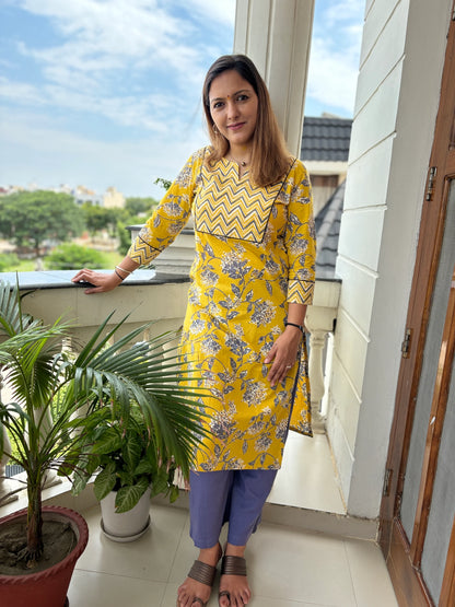 Yellow and Grey Floral Zigzag Yoke Kurta