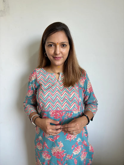 Turquoise and French Rose Zigzag Yoke Kurta