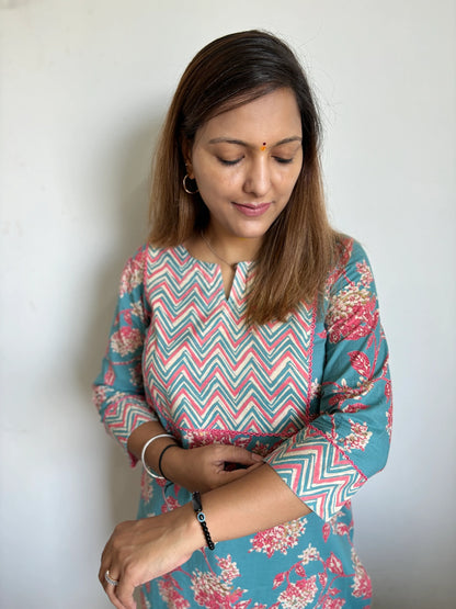 Turquoise and French Rose Zigzag Yoke Kurta