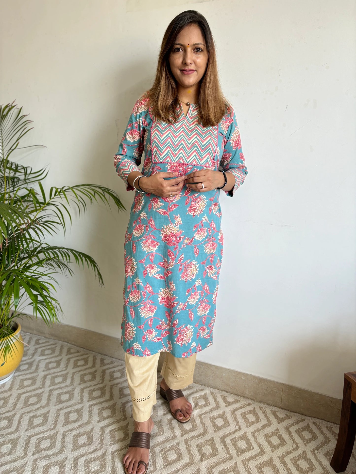 Turquoise and French Rose Zigzag Yoke Kurta