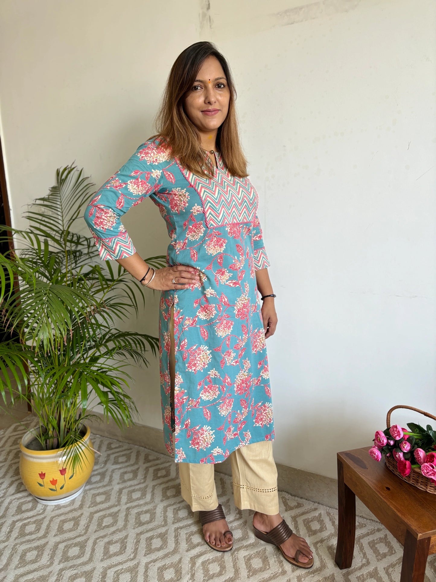 Turquoise and French Rose Zigzag Yoke Kurta