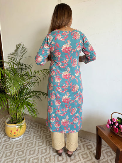 Turquoise and French Rose Zigzag Yoke Kurta