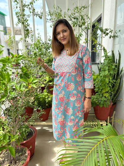 Turquoise and French Rose Zigzag Yoke Kurta