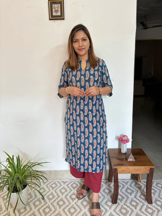 Ajrakh Blue Ambi Print Collar Kurta