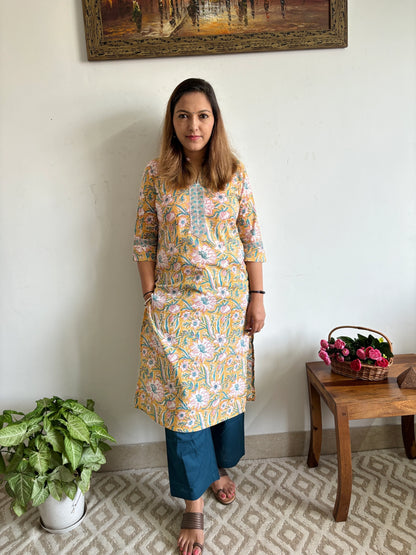 Mustard and Fluorescent Blue Floral Collar Kurta