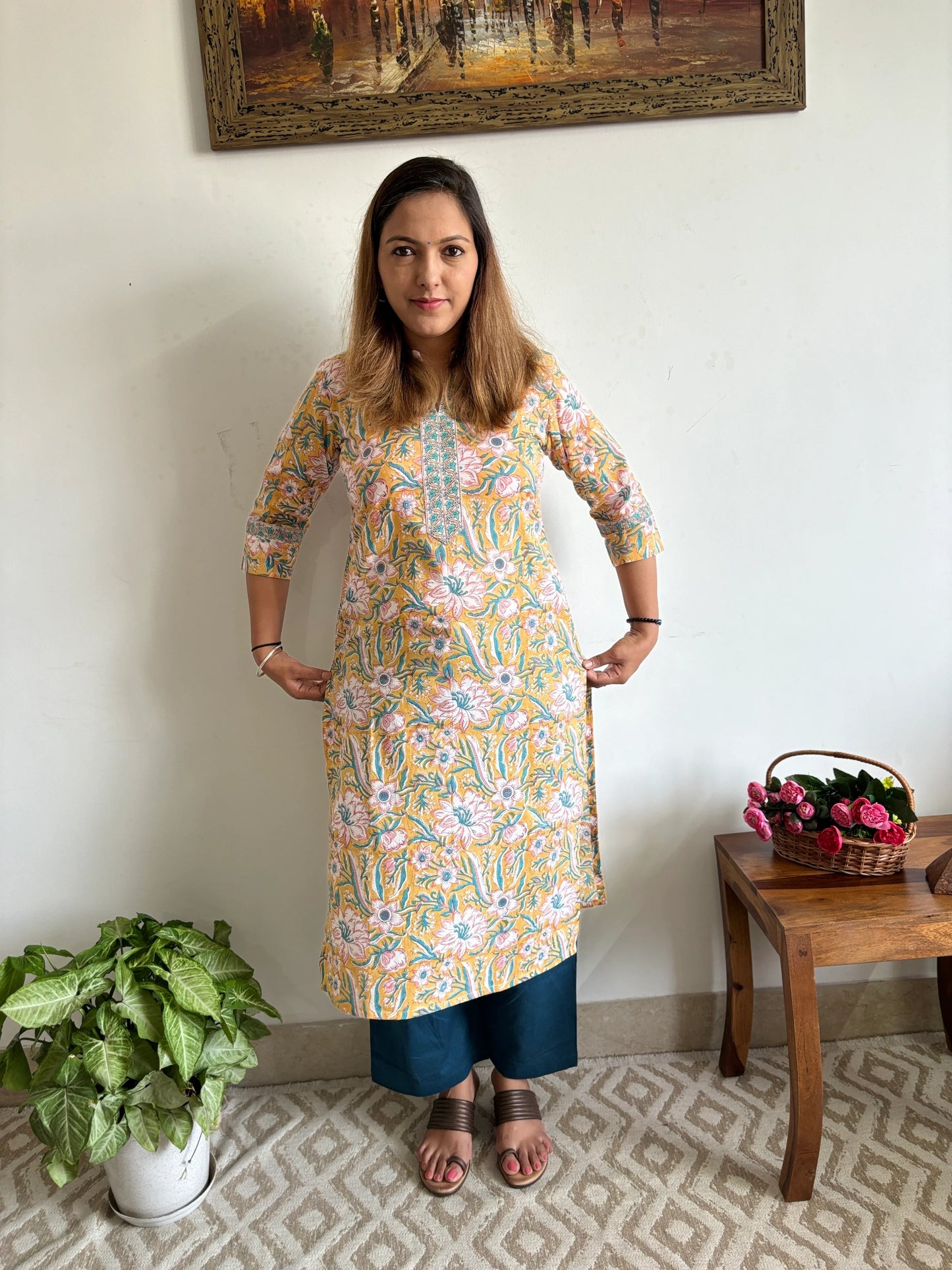 Mustard and Fluorescent Blue Floral Collar Kurta