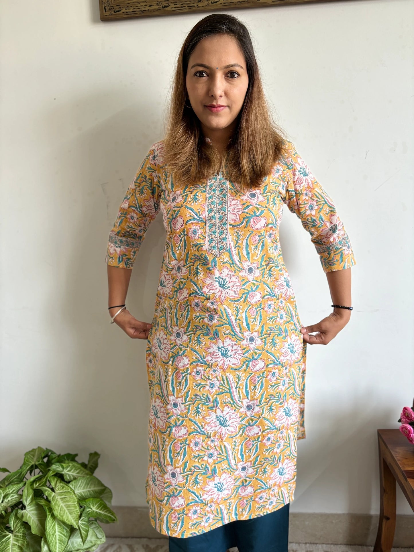 Mustard and Fluorescent Blue Floral Collar Kurta