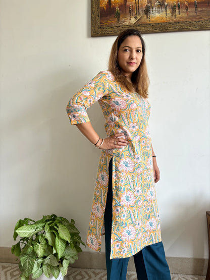 Mustard and Fluorescent Blue Floral Collar Kurta