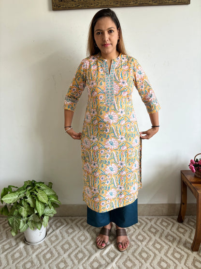 Mustard and Fluorescent Blue Floral Collar Kurta