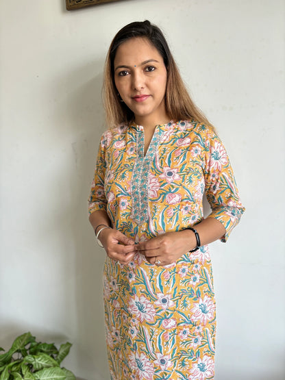 Mustard and Fluorescent Blue Floral Collar Kurta