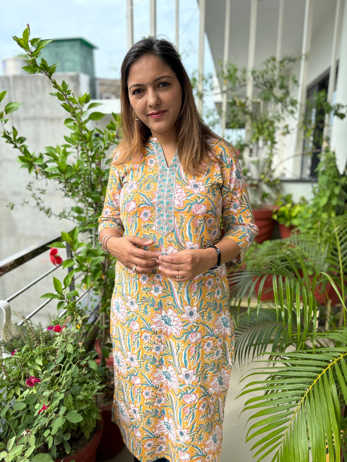 Mustard and Fluorescent Blue Floral Collar Kurta