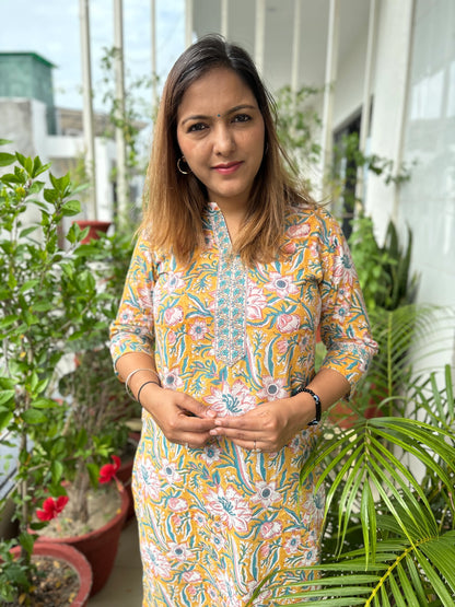 Mustard and Fluorescent Blue Floral Collar Kurta