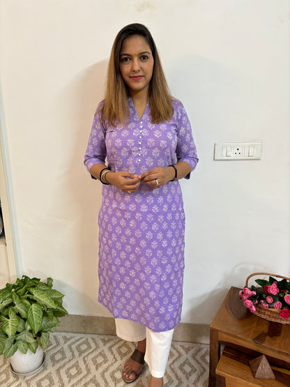 Lavender Floral Block Printed Kurta