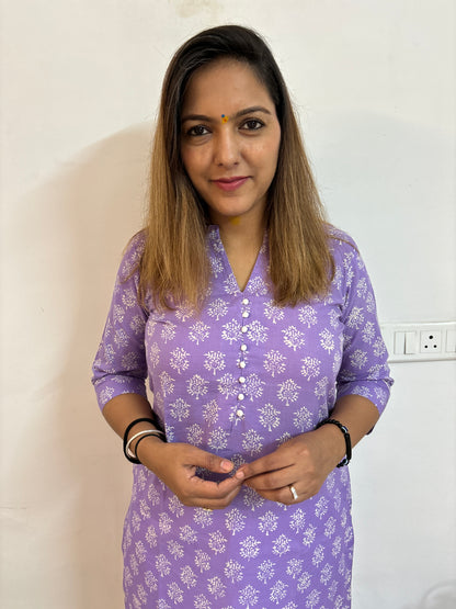 Lavender Floral Block Printed Kurta