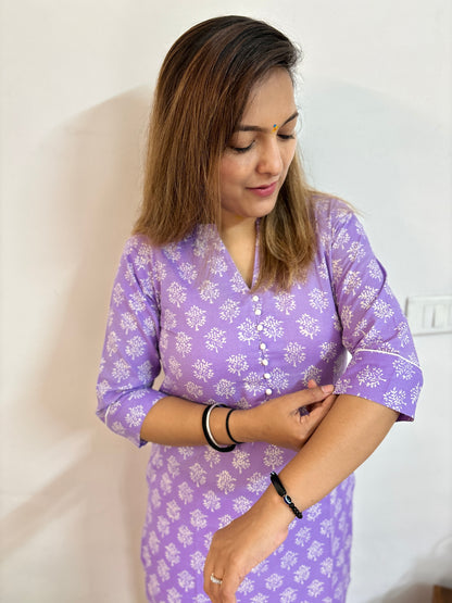 Lavender Floral Block Printed Kurta