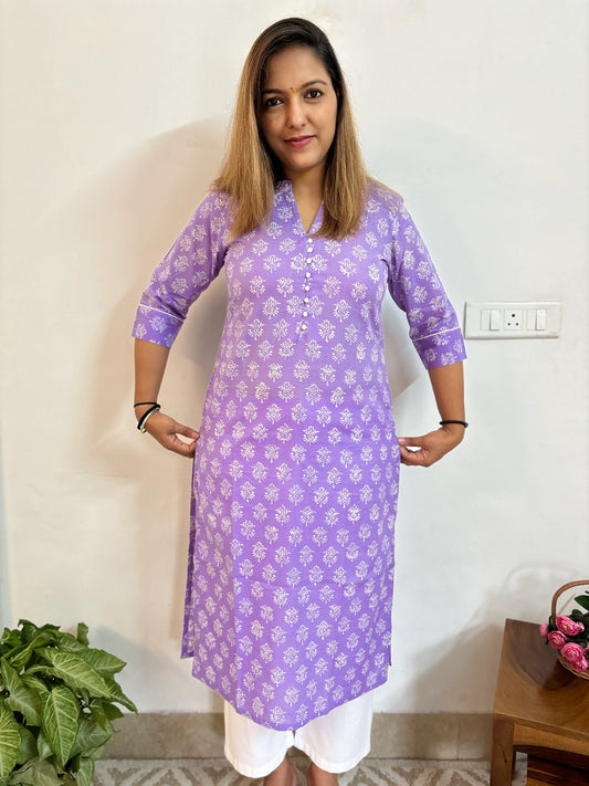 Lavender Floral Block Printed Kurta