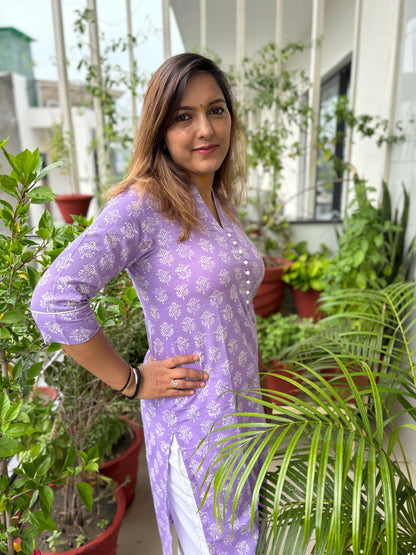 Lavender Floral Block Printed Kurta