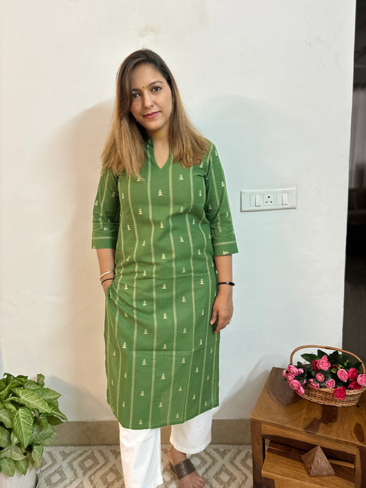 Moong Green South Handloom Cotton Collar Kurta