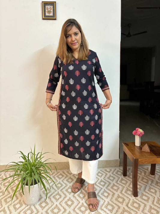 Black Hand Block Printed Cotton Straight Kurta