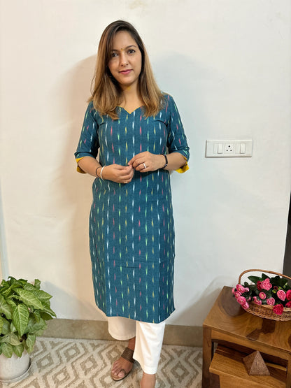 Blue Green Ikkat Handloom Kurta