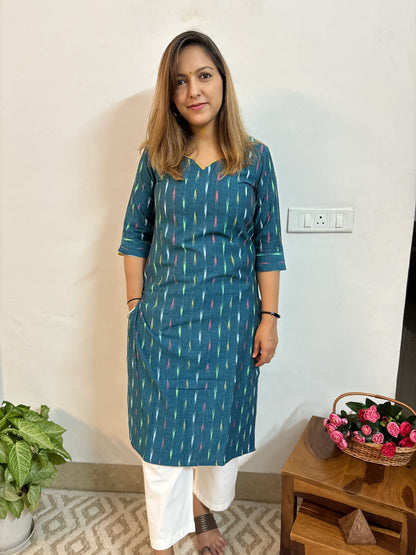 Blue Green Ikkat Handloom Kurta