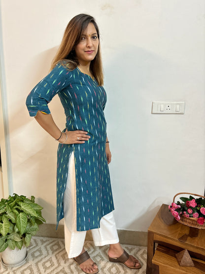 Blue Green Ikkat Handloom Kurta