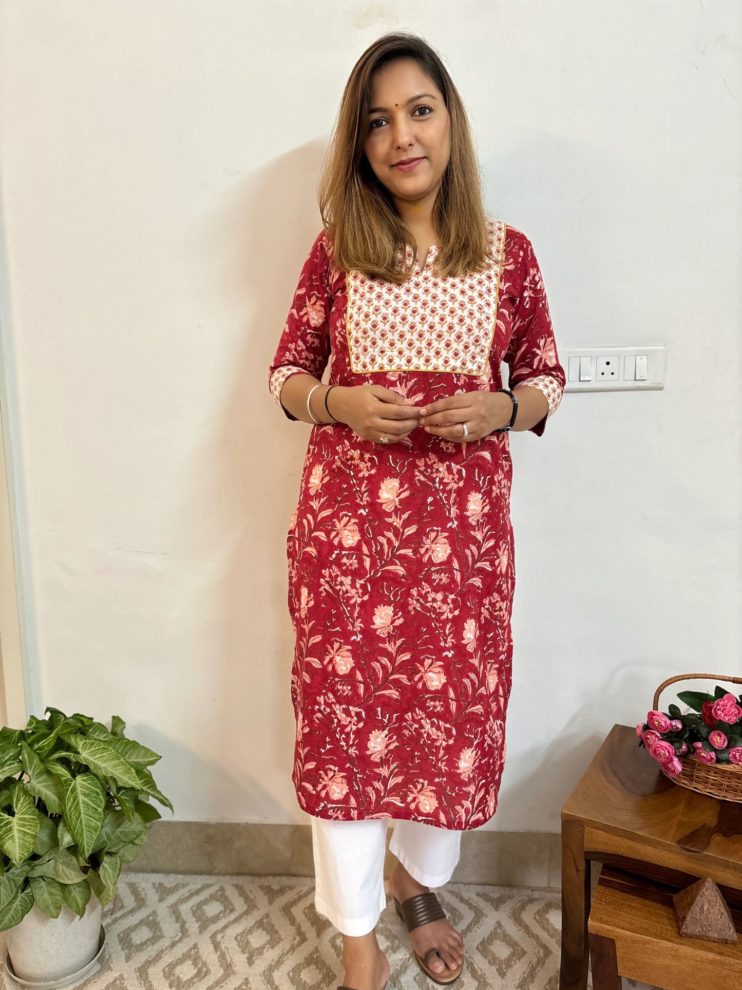 Brick Red Floral Cotton Yoke Kurta