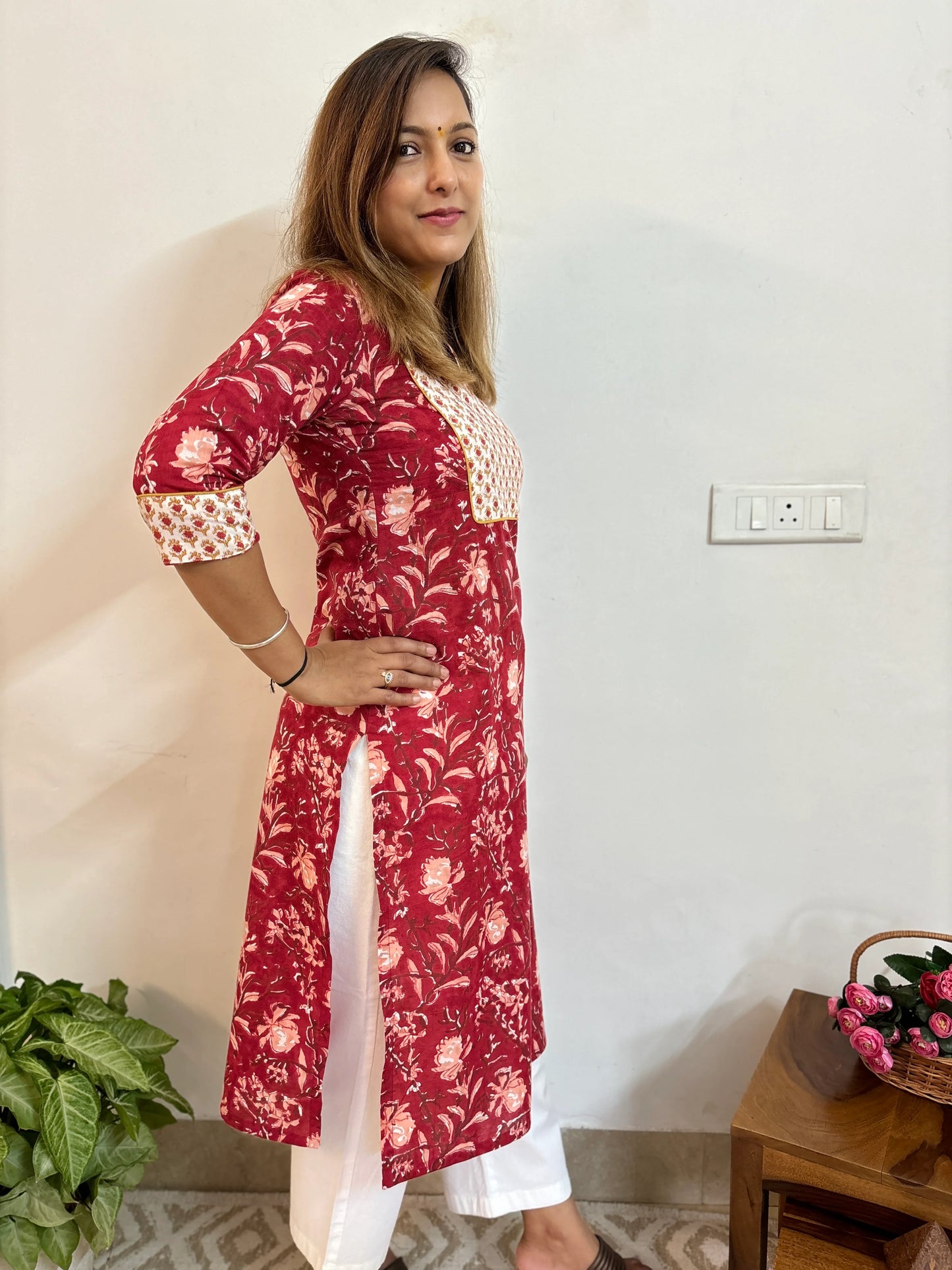 Brick Red Floral Cotton Yoke Kurta