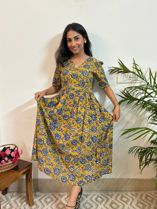 Kelly Blue Ajrakh Hand Block Printed Dress