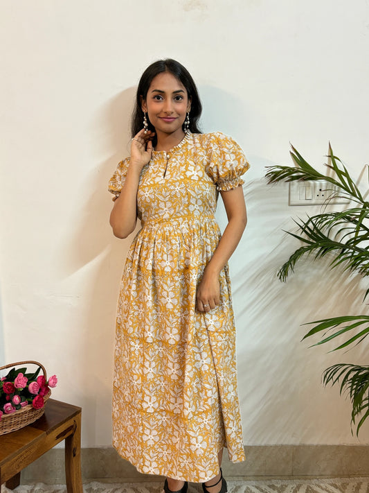 Warm Yellow Hand Block Printed Dress