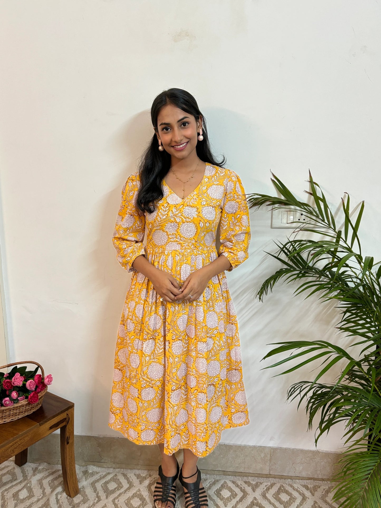 Yellow Vibrant Blooms Hand Block Printed Dress