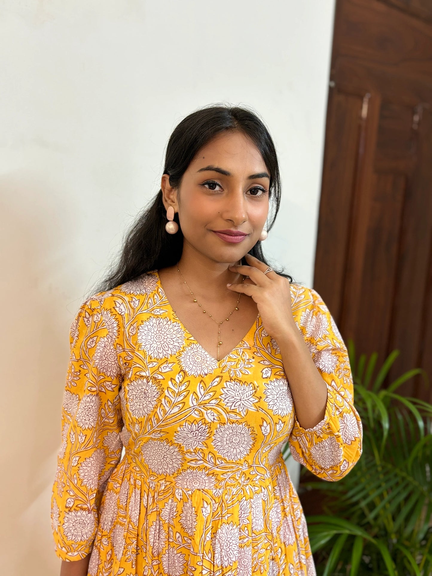 Yellow Vibrant Blooms Hand Block Printed Dress