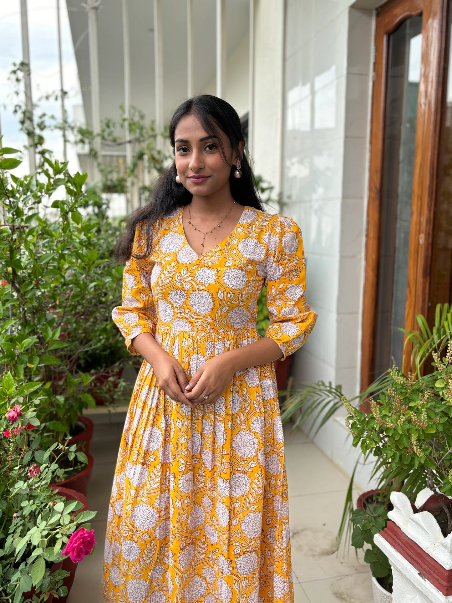 Yellow Vibrant Blooms Hand Block Printed Dress