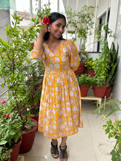 Yellow Vibrant Blooms Hand Block Printed Dress