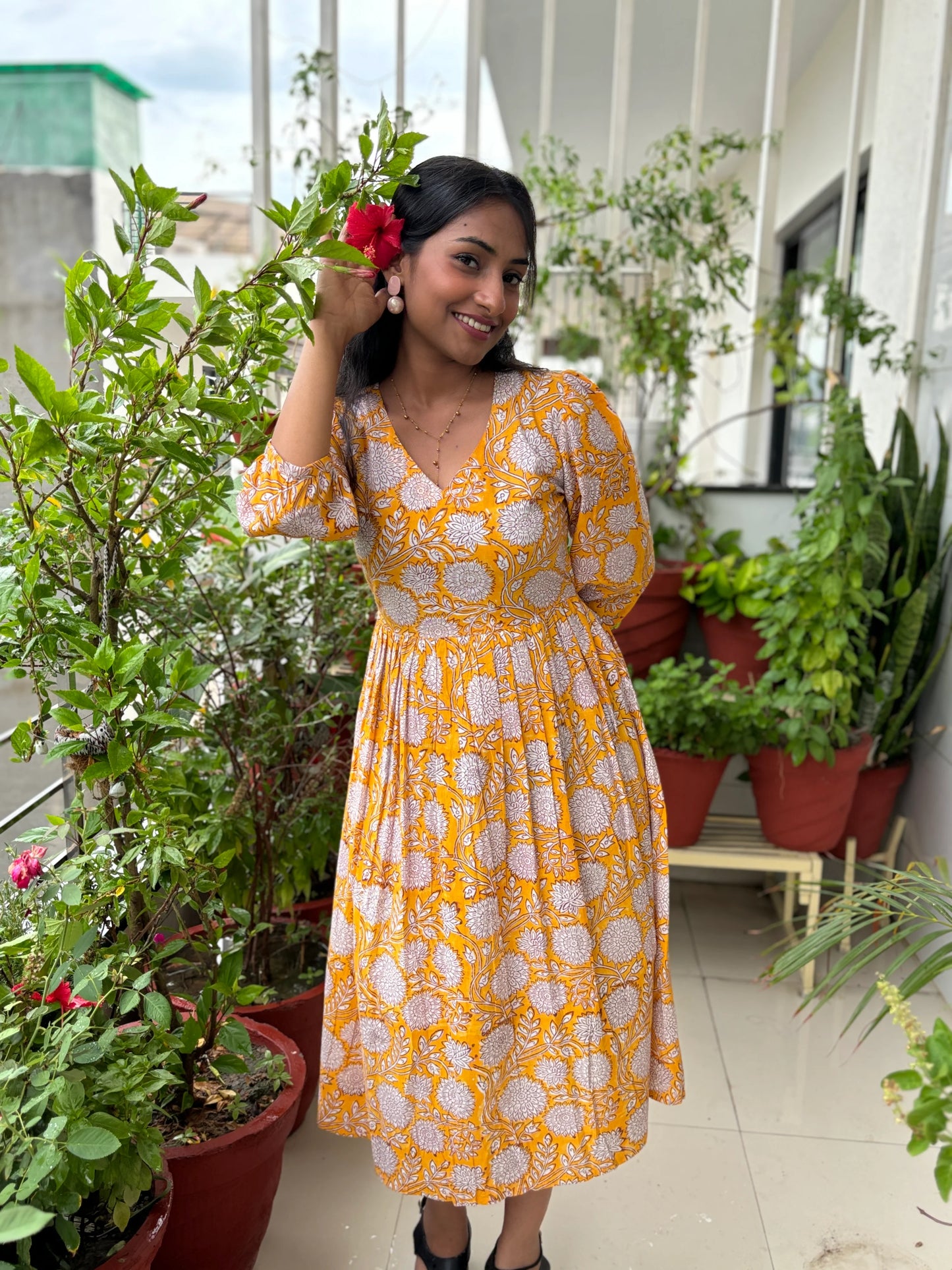 Yellow Vibrant Blooms Hand Block Printed Dress