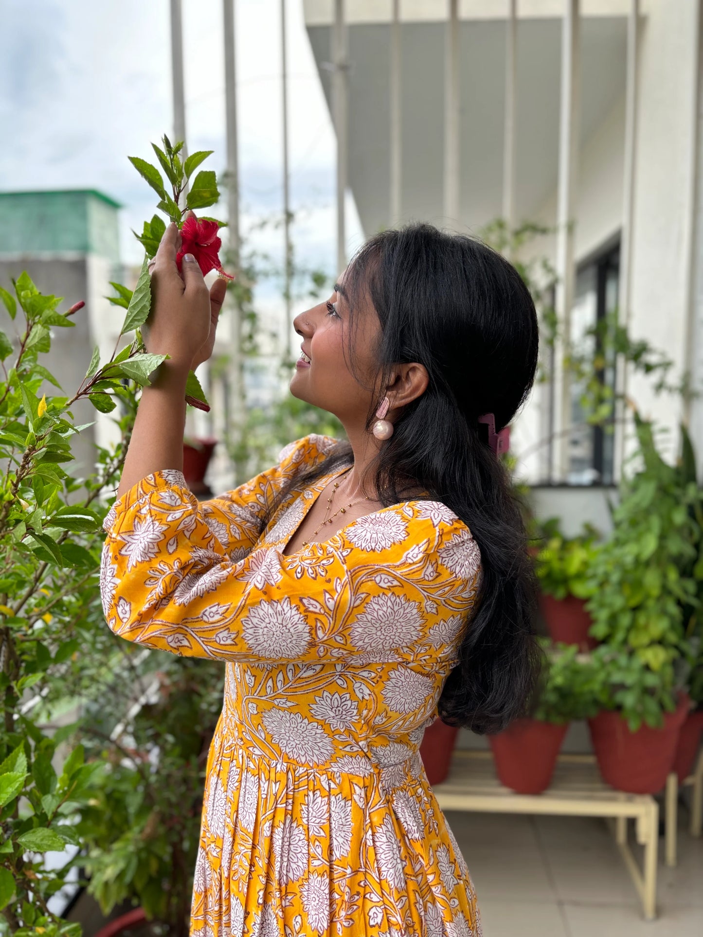 Yellow Vibrant Blooms Hand Block Printed Dress