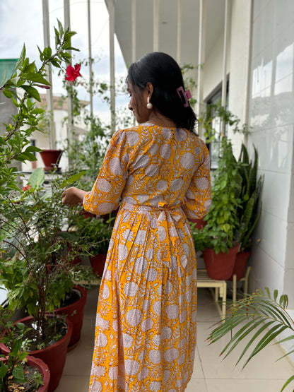 Yellow Vibrant Blooms Hand Block Printed Dress