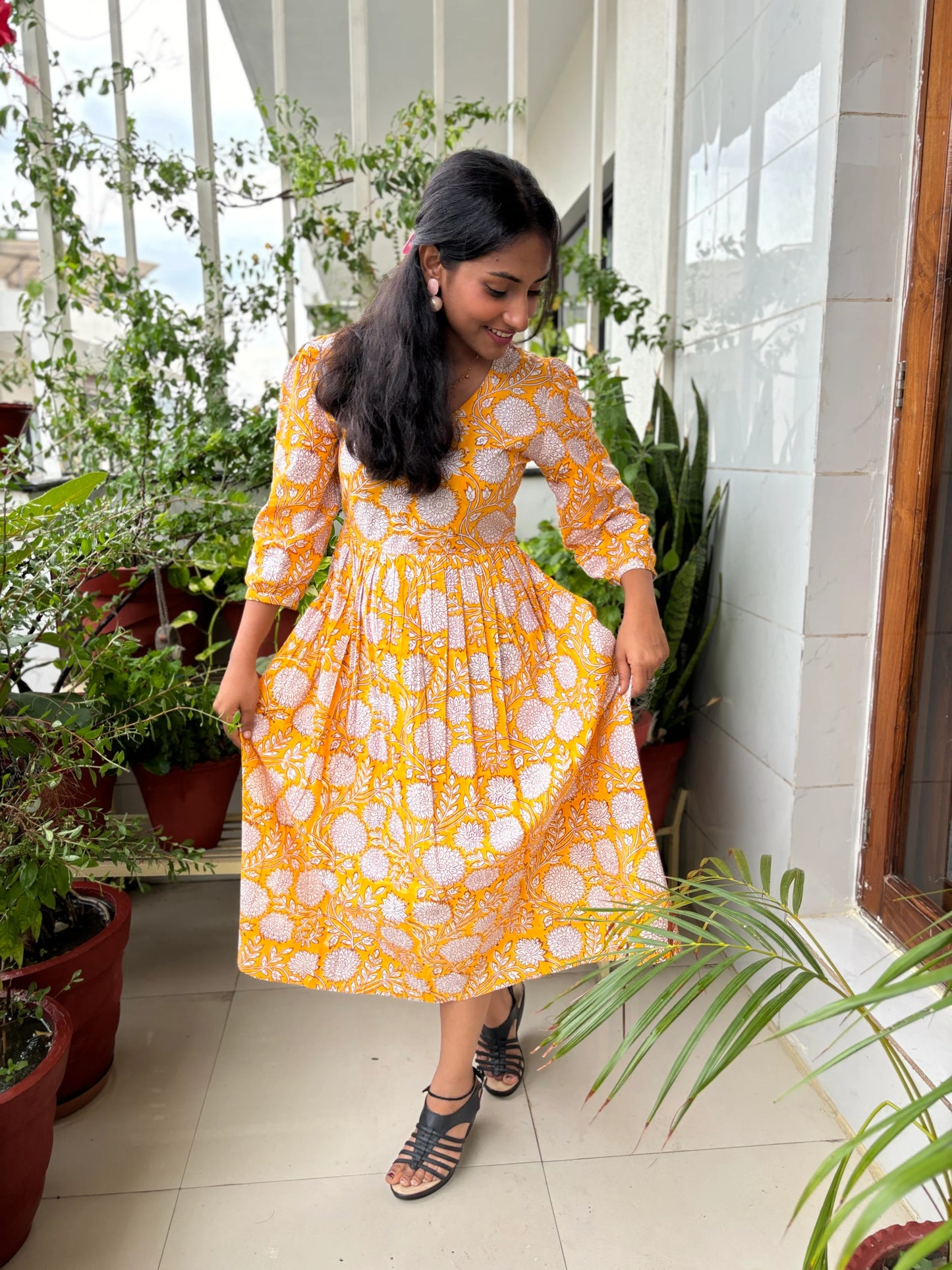 Yellow Vibrant Blooms Hand Block Printed Dress