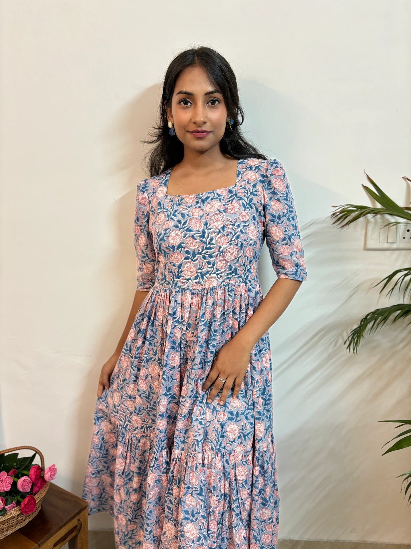 Sky Blue Ajrakh Hand Block Printed Tiered Dress